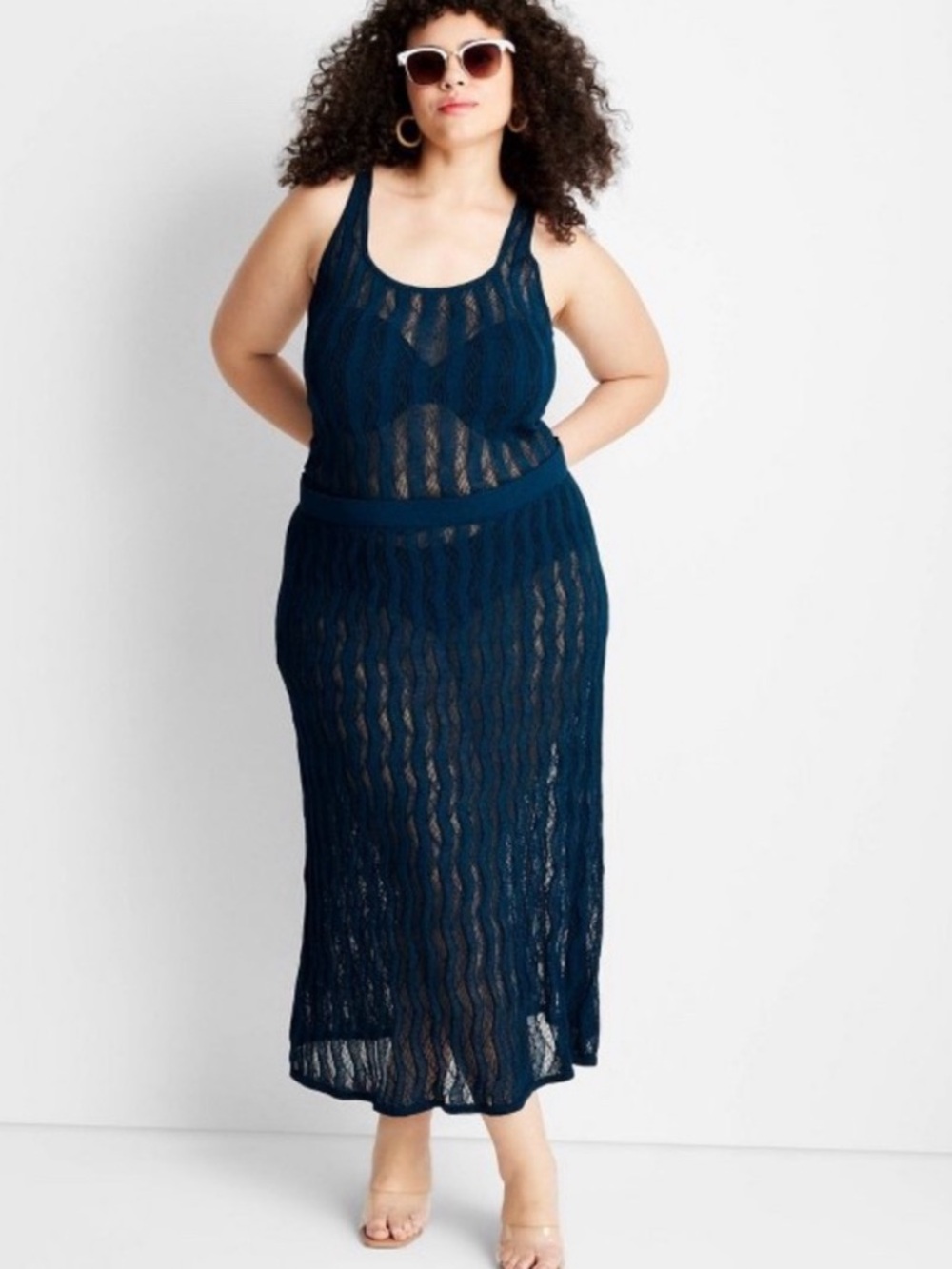 NWT JENEE NAYLOR X FUTURE COLLECTIVE NAVY BLUE OPEN KNIT SKIRT & TANK SET 2X